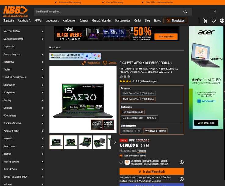 Gigabyte Aero X16 1WH93DEC64AH im Angebot für 1.499 Euro.