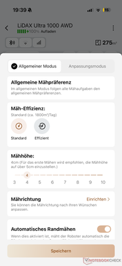Mäheinstellungen in der Mova App
