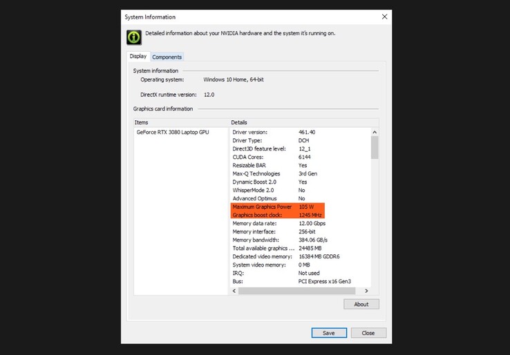 Das Nvidia Control Center gibt die maximale cTGP an – und direkt darunter "Boost-Taktfrequenzen", die bei der deutlich geringeren Basis-TGP ermittelt wurden. (Bild: Nvidia / XMG)