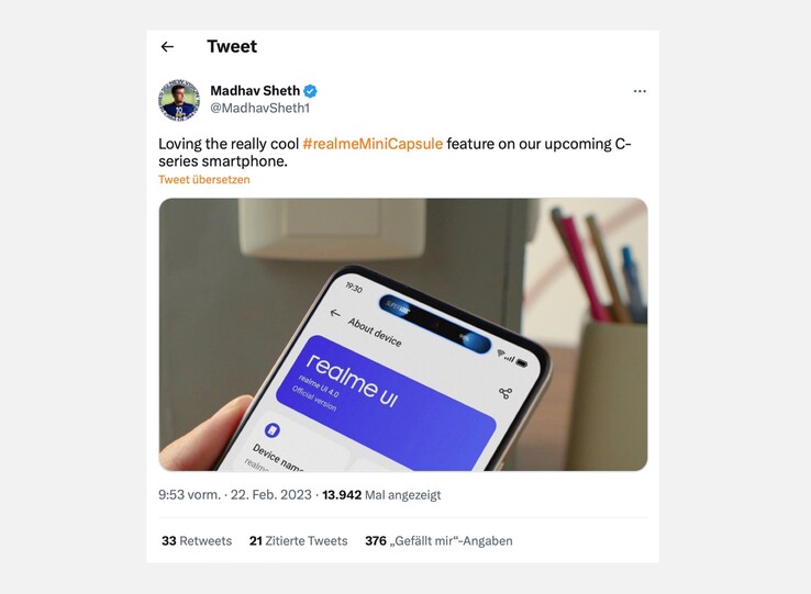 Realmes Vice President Madhav Sheth hat bereits ein erstes Bild der "Mini Capsule" geteilt, den Tweet aber wieder gelöscht. (Screenshot: Notebookcheck)
