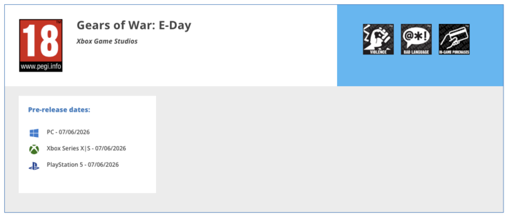 PEGI-Bewertung von Gears of War: E-Day