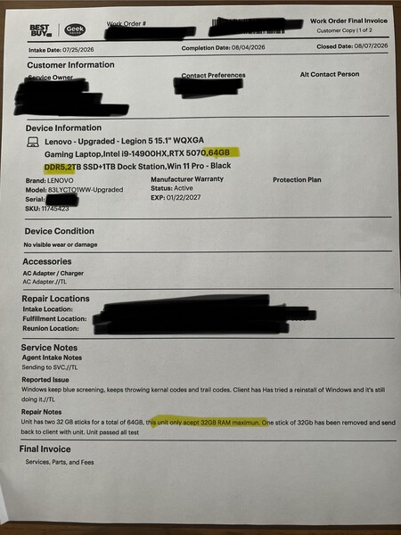 Die Reparatur-Rechnung von Best Buy zum Lenovo Legion 5