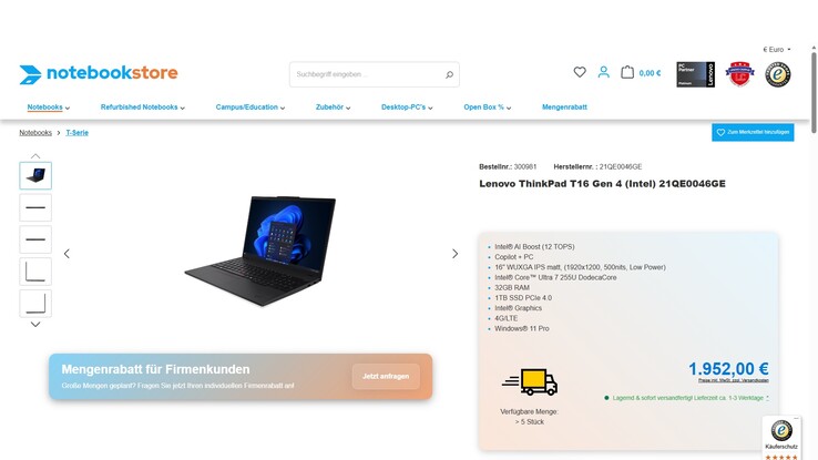 Lenovo ThinkPad T16 Gen 4 21QE0046GE für 1.952 Euro.