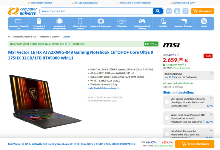 MSI Vector 16 HX AI A2XWIG-048 für 2.659 Euro