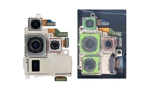 Das Samsung Galaxy S23 Ultra Kameramodul (links) im Vergleich mit dem geleakten Bild der Galaxy S24 Ultra Quad-Cam.