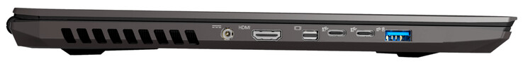 Linke Seite: Netzanschluss, HDMI 2.0, Mini Displayport 1.4 (unterstützt G-Sync), 2x USB 3.2 Gen 2 (Typ C), USB 3.2 Gen 1 (Typ A)