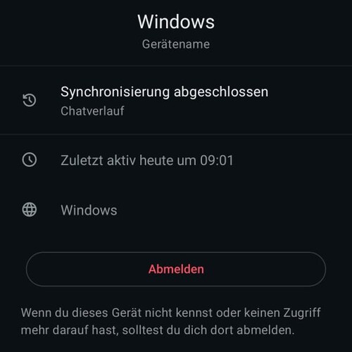 Detailansicht eines verknüpften WhatsApp-Geräts mit Gerätenamen, letztem Zugriff und rotem Abmelden-Knopf