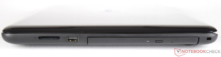 rechte Seite: SD-Kartenleser, USB 2.0, DVD-Laufwerk, Noble Security