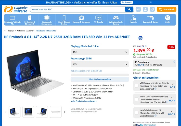 HP ProBook 4 G1i 14 (AD2N4ET) für 1.399 Euro.