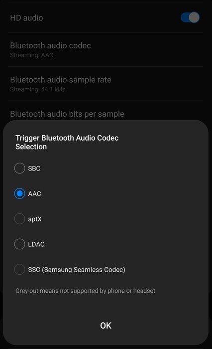 Auch am Galaxy S23 Ultra sieht das Angebot verfügbarer Bluetooth-Audio-Codecs enttäuschend aus.