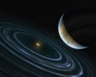 Illustration eines blauen Planeten mit zwei Sternen