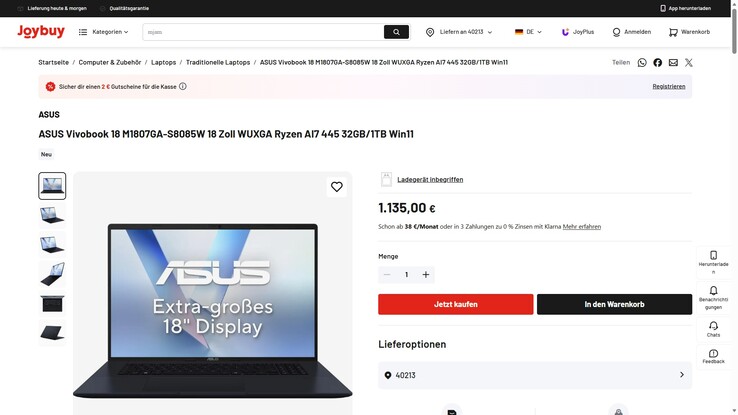 Asus VivoBook 18 M1807GA-S8085W für 1.135 Euro.
