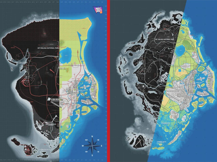 Version 15 (links) und Version 16 (rechts) der Community-Map zu Grand Theft Auto VI im Vergleich.