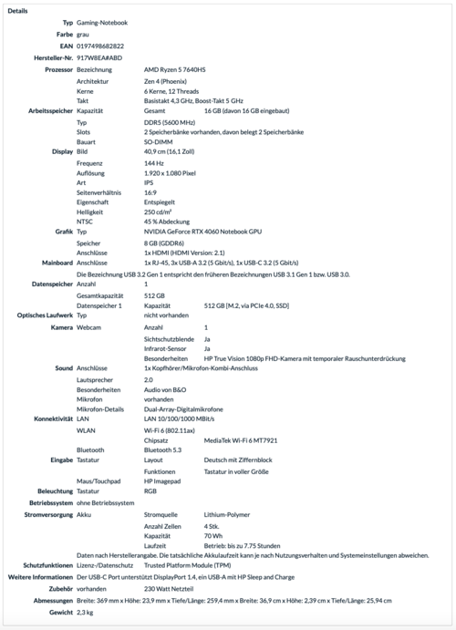 Das komplette Datenblatt zum HP Victus 16 (Bild: Alternate)