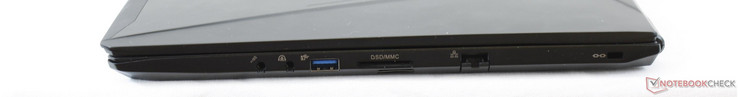 rechts: 3,5-mm-Mikrofon, 3,5-mm-Headset, USB 3.0, SDXC-Kartenleser, Mini-SIM, Gigabit-RJ45, Kensington Lock