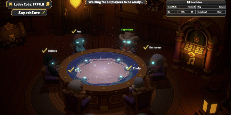 One Last Hand unterstützt Online-Partien mit bis zu sechs Teilnehmern, die vor Beginn des Spiels jeweils einen Platz am Kartentisch einnehmen