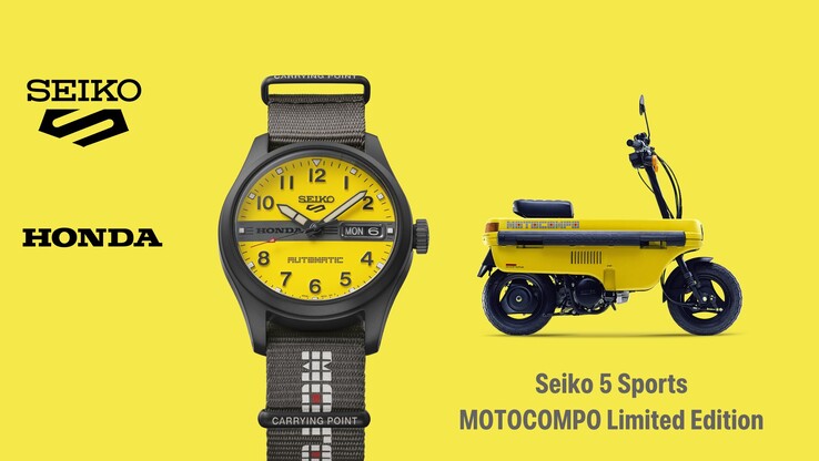 Infografik mit der Seiko 5 Sports Field x Honda Motocompo und dem ikonischen Honda Motocompo-Roller