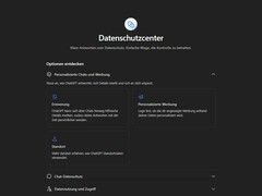 Bildschirmfoto des deutschen Datenschutzcenters in ChatGPT mit den Kacheln Erinnerung, Personalisierte Werbung und Standort