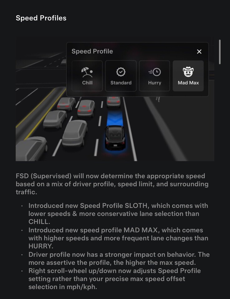 Changelog des neuesten FSD 14.1.2 Updates mit Mad Max Fahrprofil. (Bildquelle: Tesla)