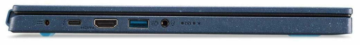 Linke Seite: Netzanschluss, Thunderbolt 4 (USB-C; Power Delivery, Displayport), HDMI, USB 3.2 Gen 2 (USB-A), Audiokombo