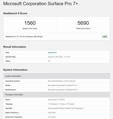 Auch bei der CPU-Performance kann das Surface Pro 7 Plus seinen Vorgänger schlagen (Bild: Geekbench)