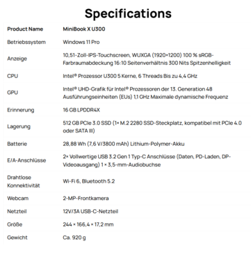 Vollständige technische Daten des MiniBook X U300
