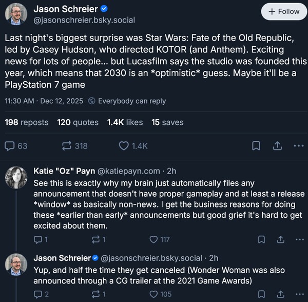 Jason Schreier Star Wars: Fate of the Old Republic: Äußerungen zum Veröffentlichungsdatum (Bildquelle: Screenshot, Jason Schreier Bluesky Account)