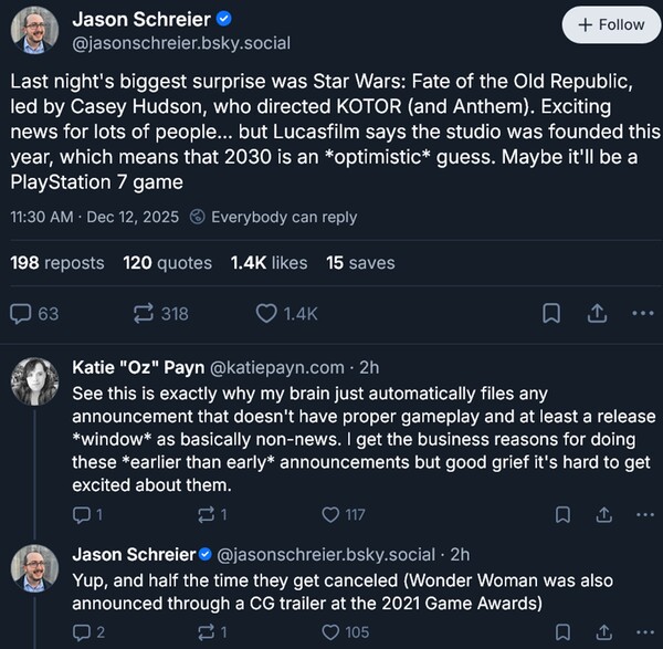 Jason Schreier Star Wars: Fate of the Old Republic: Äußerungen zum Veröffentlichungsdatum (Bildquelle: Screenshot, Jason Schreier Bluesky Account)