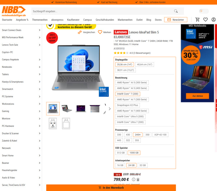 Lenovo IdeaPad Slim 5 14IRH10R (83J00072GE) für 799 Euro.