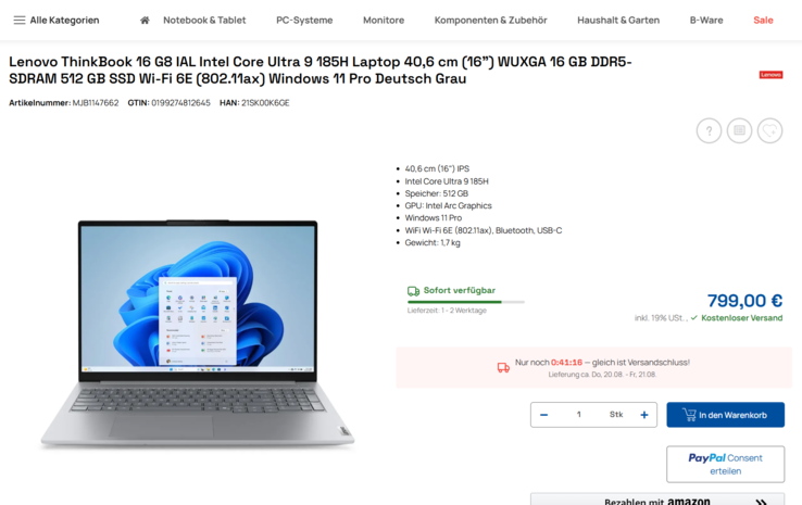 Lenovo ThinkBook 16 G8 IAL 21SK00K6GE für 799 Euro.