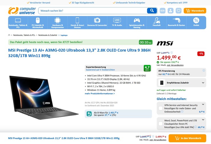 MSI Prestige 13 AI+ A3MG-020 für 1.499 Euro.