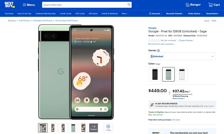 In den USA bereits bei Best Buy gelistet: Googles Pixel 6a, das offiziell ab Mitte Juli verfügbar sein wird.