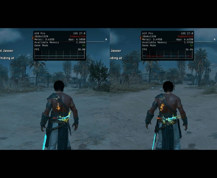In Assassin’s Creed Mirage zeigt sich der FPS-Unterschied zwischen dem iPhone 18 Pro Max und dem iPhone 17 Pro Max.