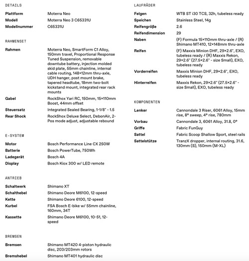 Das vollständige offizielle Datenblatt zum Moterra Neo 3 E-MTB (Quelle: Cannondale)