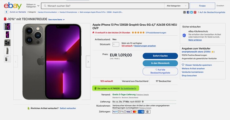Das Apple iPhone 13 Pro gibts aktuell zum Bestpreis von nur 969 Euro. (Bild: ebay)