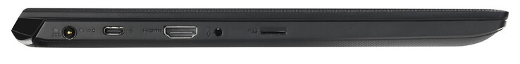 Linke Seite: Netzanschluss, USB 3.2 Gen 2 (Typ-C; Displayport, Power Delivery), HDMI, Audiokombo, MicroSD-Speicherkartenleser