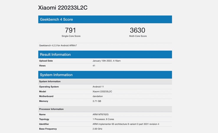 Das Xiaomi Redmi 10A kann bei Geekbench 4 keine besonders starke Leistung erzielen. (Screenshot: Geekbench)