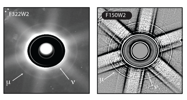 Ein Bild zeigt die μ- und ν-Ringe des Uranus