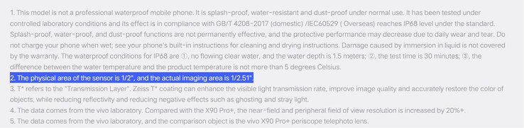 Vivo bestätigt im Kleingedruckten einen Sensor-Crop beim 1/2 Zoll Sensor hinter der Telefoto-Kamera.