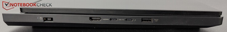 Links: Strom, HDMI, USB-C mit TB 4 (DP), USB-C (10 Gbps, PD 65-100W, DP), USB-A (10 Gbps, Always On)