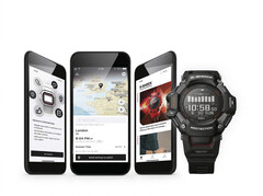 Bildschirmansichten der Smartphone-App Casio Watches neben einer schwarzen Casio G-Shock-Digitaluhr.