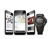 Bildschirmansichten der Smartphone-App Casio Watches neben einer schwarzen Casio G-Shock-Digitaluhr.