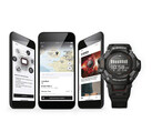 Bildschirmansichten der Smartphone-App Casio Watches neben einer schwarzen Casio G-Shock-Digitaluhr.