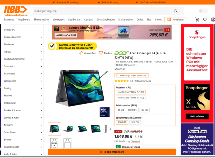 Acer Aspire Spin 14 ASP14-52MTN für 1.049 Euro.