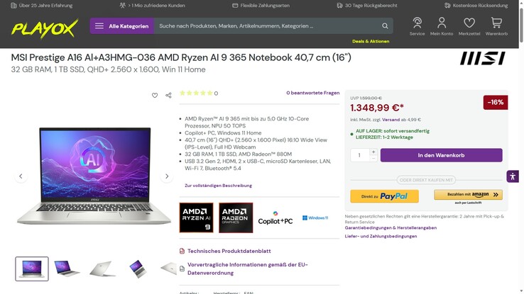 MSI Prestige A16 AI+ A3HMG-036 für 1.348,99 Euro.