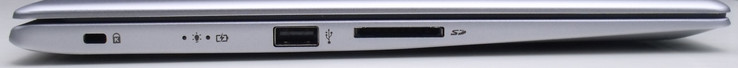 linke Seite: Kabelschloss, 1x USB 2.0, SD-Kartenleser