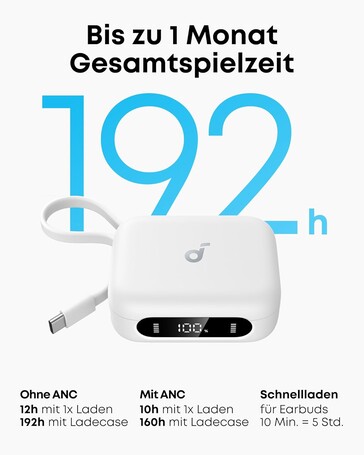 Eine Gesamtspielzeit von 160 Stunden mit ANC ist laut Anker erreichbar (Bildquelle: Anker)