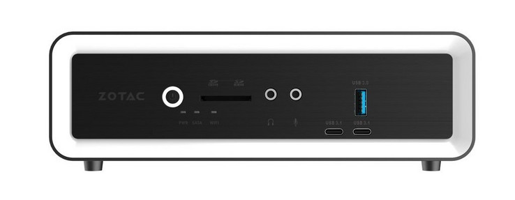 Vorne: 3-in-1-SD-Leser, 3,5-mm-Kopfhörer, 3,5-mm-Mikrofon, USB 3.0 Typ-A, 2x USB Typ-C 3.1 (Quelle: Zotac)