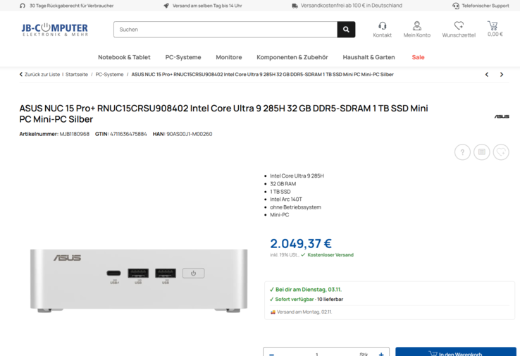 Asus NUC 15 Pro+ (90AS00J1-M00260) für 2.049,37 Euro.