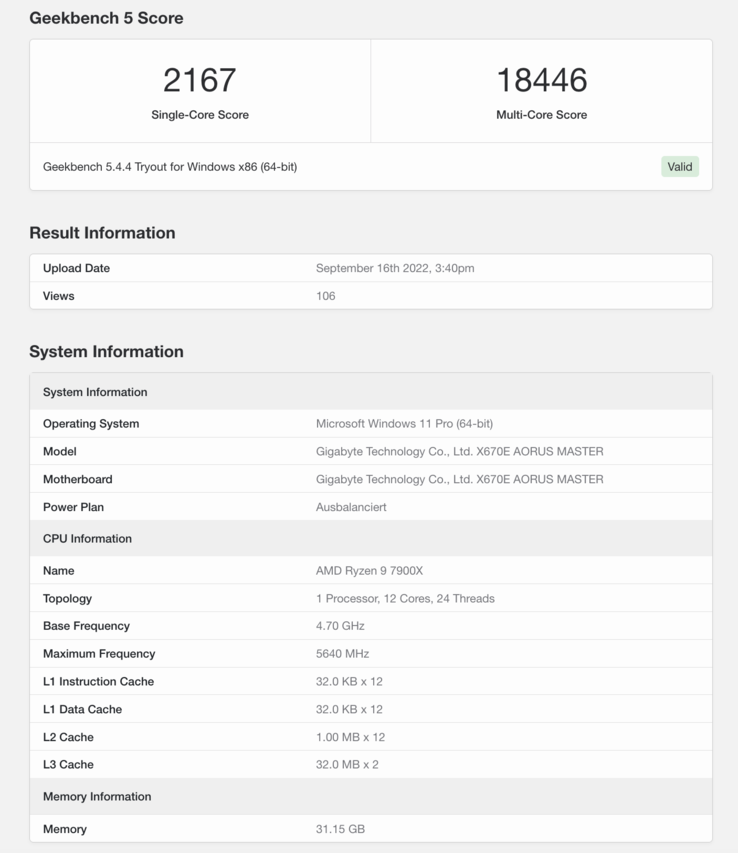 Der Ryzen 9 7900X in der Geekbench-Datenbank (Quelle: Screenshot/Geekbench)